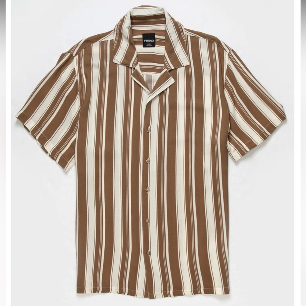 Tilly’s Men's Casual Brown and White Stripped Shirt Size Large